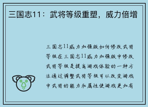 三国志11：武将等级重塑，威力倍增